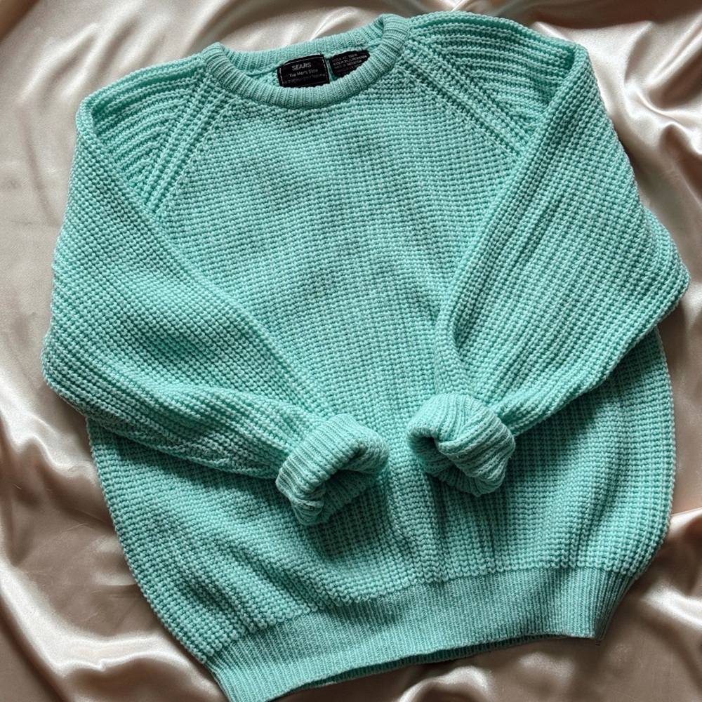 Sears Teal Mens (Unisex) Sweater | Seafoam Green Waffle Knit | Crewneck